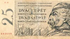 Československá bankovka 25 korun z roku 1961 s portrétem muže v tradičním oděvu.