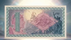Československá bankovka s historickými motivy a číslem jedna na slunci v pozadí.
