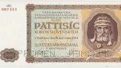 Slovenská bankovka 5000 korun z roku 1944, portrét, starožitná měna, slovenská historie.