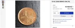 Desetikoruna 2000 Brno UNC, detail mince na černém podkladu, aukce online.