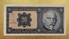 Československá bankovka dvacet korun, portrét muže, historické peníze na zlatém pozadí